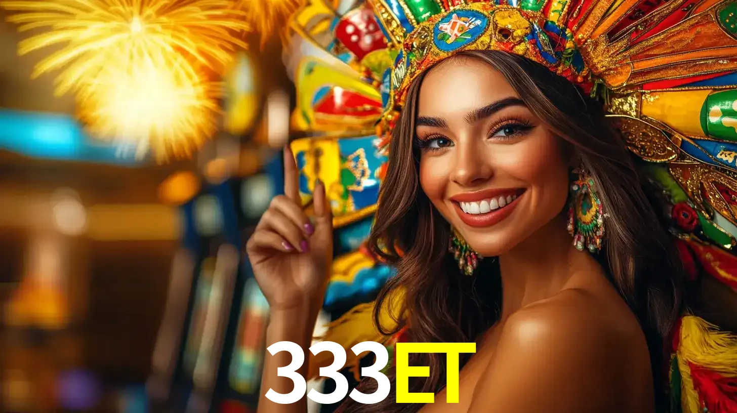 Mulher sorridente com um cocar de carnaval vibrante e colorido, celebrando uma grande vitória nos jogos do cassino 333ET com fogos de artifício ao fundo.