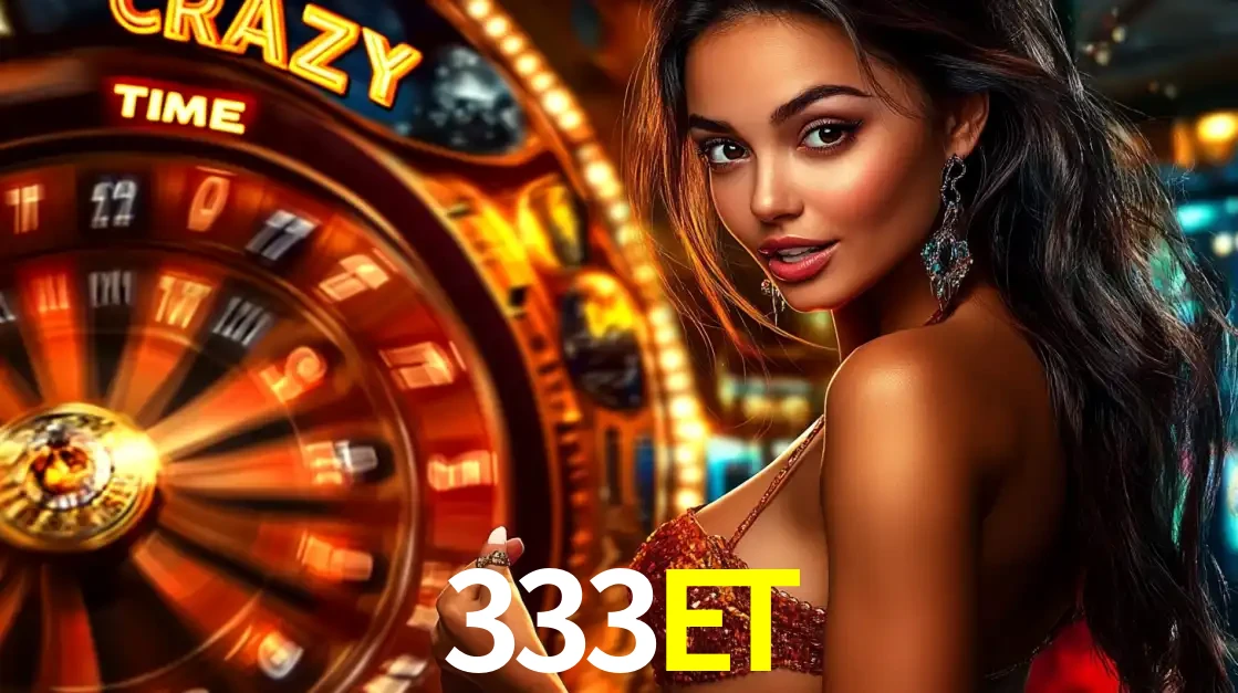 Mulher ao lado da roda de prêmios do jogo de cassino ao vivo Crazy Time, um dos shows de jogos mais emocionantes oferecidos pela plataforma de apostas 333ET.