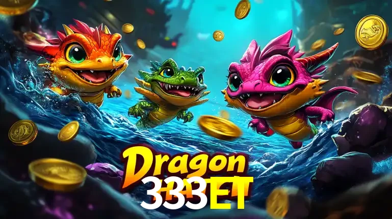 Arte promocional do jogo Dragon Hatch com três adoráveis dragões bebês nadando entre moedas de ouro, um dos slots mais divertidos para jogar no cassino 333ET.