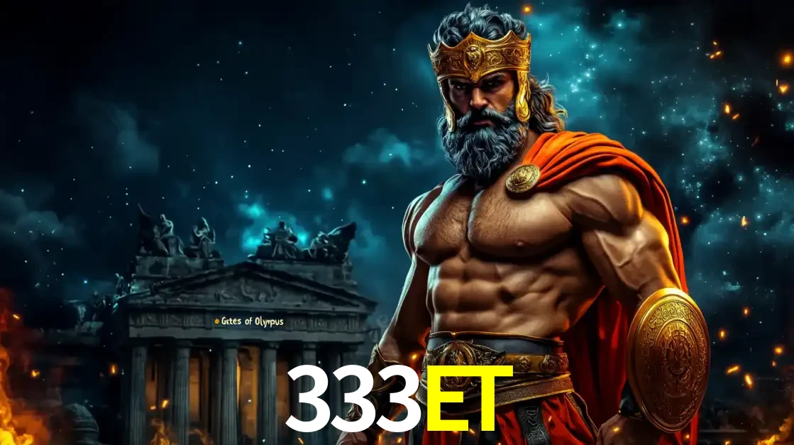 O poderoso Zeus do jogo de slot Gates of Olympus em frente ao seu templo, pronto para lançar multiplicadores divinos e prêmios épicos no cassino online 333ET.
