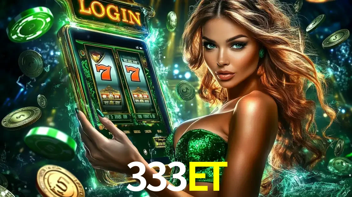 Mulher com tema verde apresentando o aplicativo do cassino 333ET com um jogo de slot de 777, cercada por fichas de cassino e uma aura de sorte.