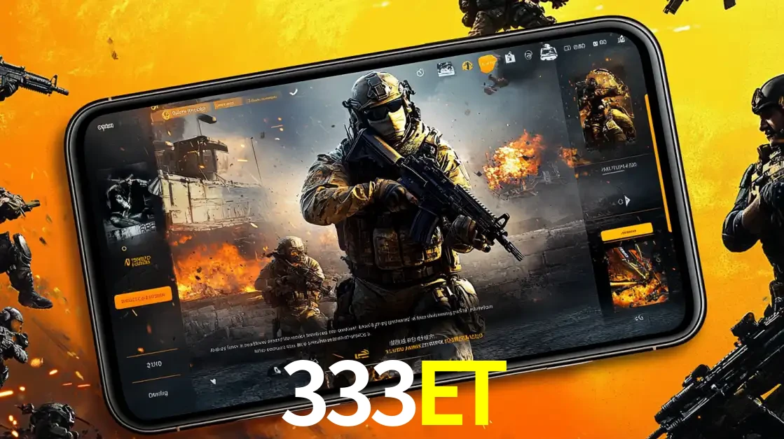 Um smartphone exibindo a interface de um jogo de tiro em primeira pessoa, com um soldado em um cenário de batalha, representando a ação dos e-sports para apostar no 333ET.