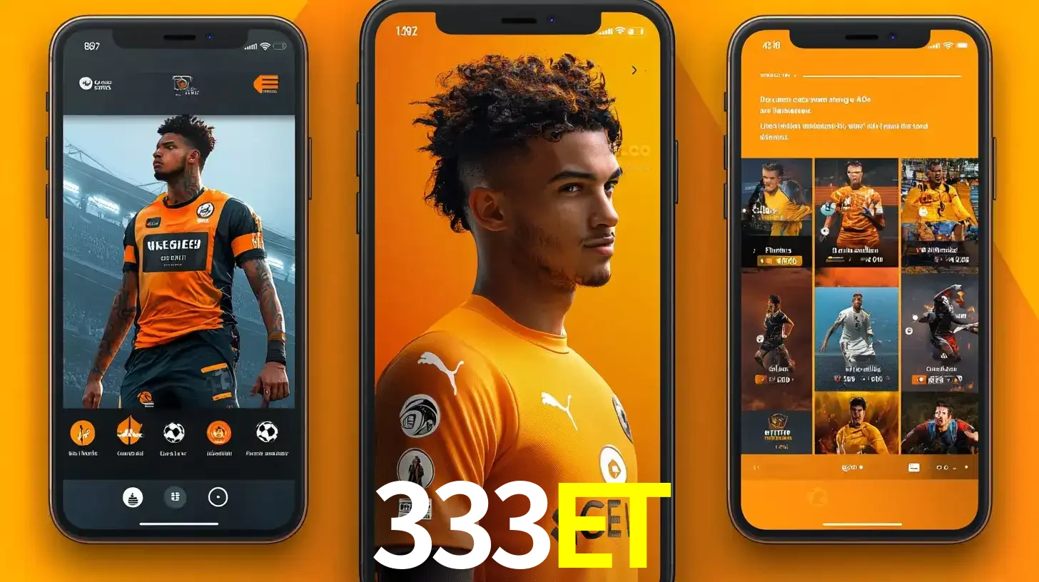 Interface do aplicativo de apostas esportivas 333ET em três telas de celular, mostrando o perfil de um jogador de futebol e a lista de jogos disponíveis para apostar.