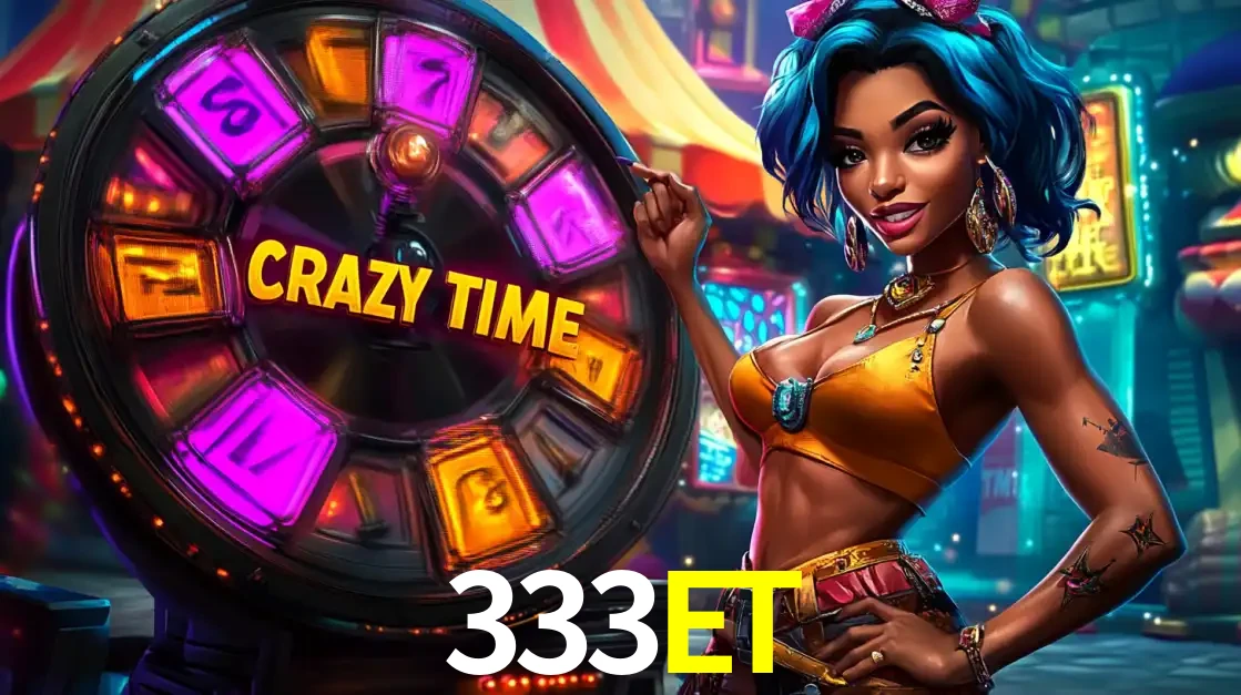 Mulher estilizada com cabelo azul e visual vibrante posando ao lado da roda de prêmios do game show Crazy Time, convidando para a diversão e os bônus do cassino 333ET.