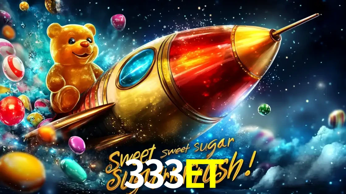 Arte promocional do jogo de slot Sugar Rush, com um urso de pelúcia em um foguete viajando pelo espaço de doces, um dos jogos divertidos disponíveis no cassino 333ET.