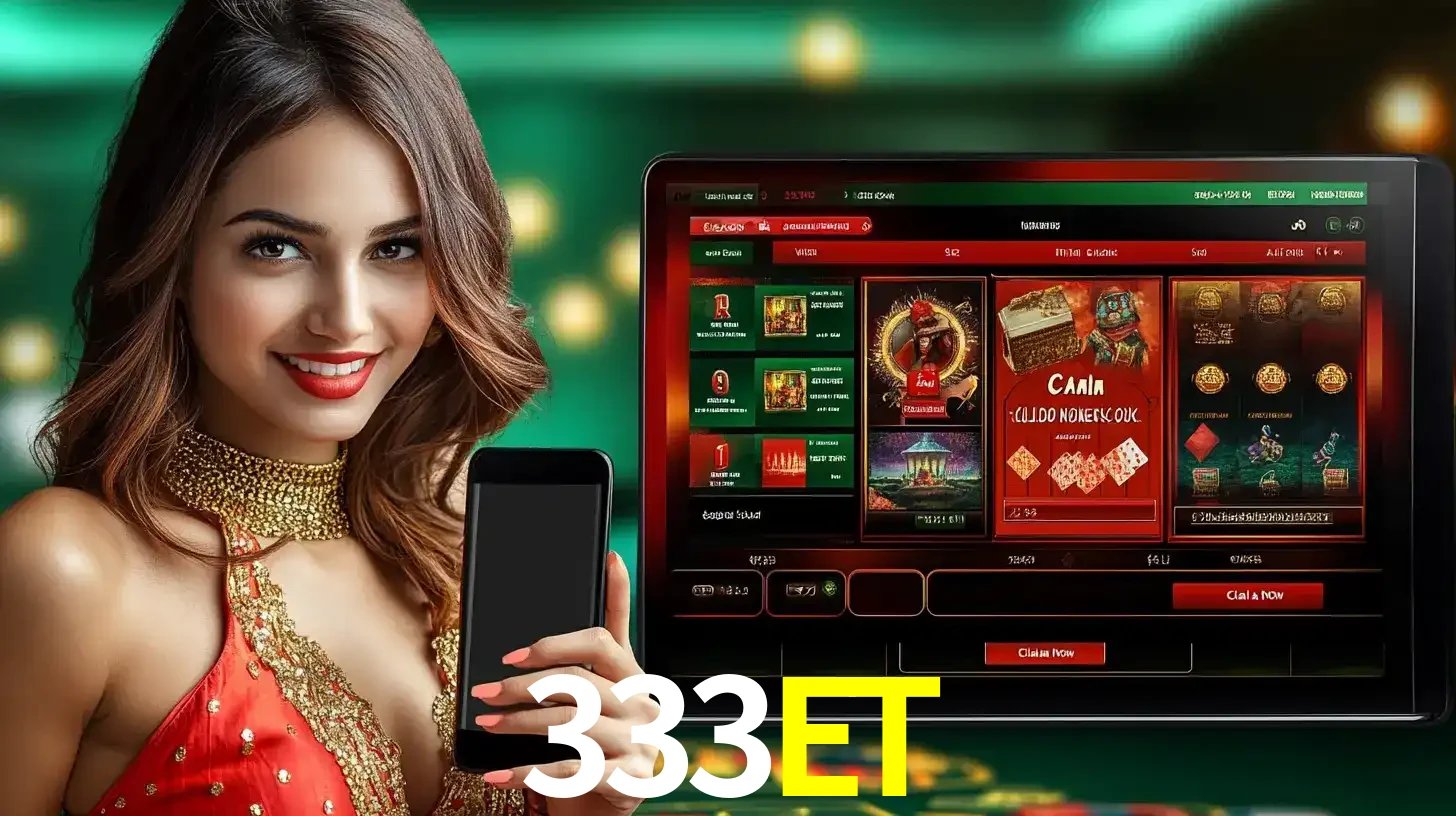 Mulher sorridente segurando um smartphone, ao lado de uma tela exibindo o lobby de jogos do cassino online 333ET, com várias opções de jogos de cartas e slots.